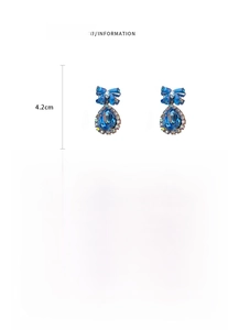 Detailed dimensions of blue crystal bow earrings with silver needles and water drop pendants