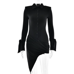 Slim fit black long sleeve polo dress with asymmetric hem and cuff tie details