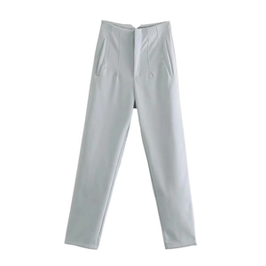 Detailed flat lay of light grey high-waisted casual trousers with straight cut and pockets