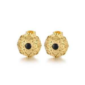 Vintage round stainless steel earrings with gold relief patterns and black onyx inlay