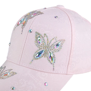 Pink baseball cap with rhinestone butterfly decoration and jacquard fabric texture