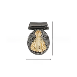 Detailed macro view of 18k gold plated Virgin Mary oval pendant with dimensions 13.5x9.2mm