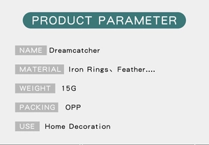 Gedetailleerde tabel met productparameters voor de dromenvanger met materiaal en maat