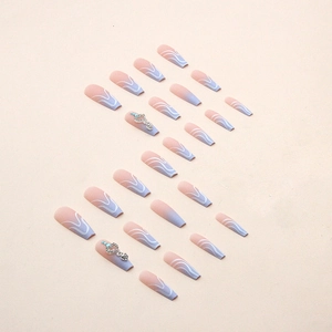 Long ballet press-on nails with gradient design, wavy lines and heart rhinestones