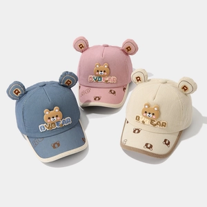 Kids corduroy baseball cap with cute bear ears and embroidery for autumn and winter