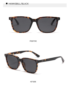Detail of square polarized sunglasses in tortoiseshell and black from front and side angles