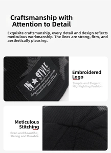 Primer plano detallado del gorro de punto negro con diseño de estrellas grises y bordado