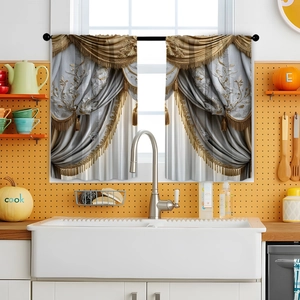 Detailed view of kitchen curtains with gold embroidery and tassels on jacquard fabric