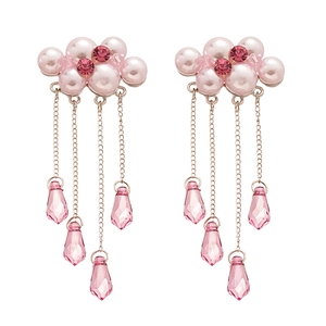 Pink pearl cloud earrings with crystal fringe tassels and gold-tone chains for women