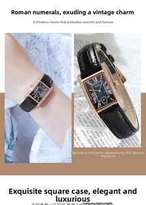 Close-up of GEDI vintage square watch with black leather strap and rhinestone case