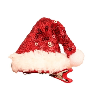 Kerst haarclip met rode pailletten mini kerstmuts en witte pluche afwerking
