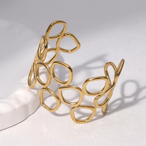 Bracelet manchette large doré évidé en acier inoxydable pour femme, design minimaliste