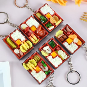 Five styles of miniature resin lunch box keychains with realistic food details