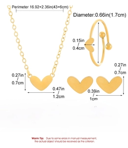 Detailed dimension guide for golden stainless steel heart necklace, ring and earrings set