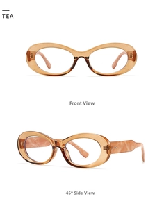 Macro view of tea brown oval glasses frames with textured temples in front and side views