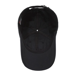 Interior view of black breathable quick-dry baseball cap with adjustable strap