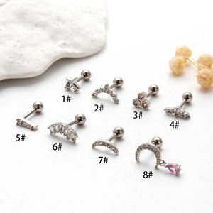 Set of eight stainless steel screw-back stud earrings with zircon in various geometric shapes