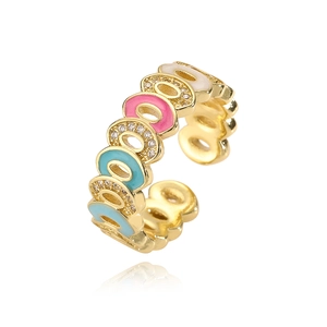 Bohemian gold plated open ring featuring colorful enamel rings and zircon accents