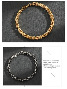 Detail of Byzantine style stainless steel bracelets in gold and silver black finishes