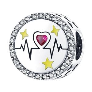 Silver beaded heart charm with red gemstone, yellow stars and heartbeat wave pattern
