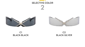 Close-up of Y2K rimless sunglasses with futuristic X-metal bridge in C1 black and C2 silver