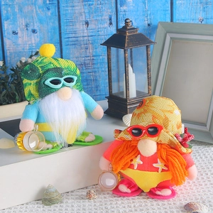 Cute summer beach gnomes with sunglasses and drinks on blue wood background