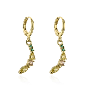 Detail of 18K gold earrings with micro-set green and champagne zircon floral design