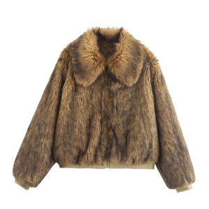 Damen Kunstpelz Jacke Reißverschluss Revers Rippstrick Besatz Lockerer Schnitt Streetwear Modische Oberbekleidung Braun