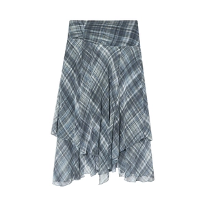 Jupe à volants irréguliers pour femmes avec un motif à carreaux bleu et gris classique