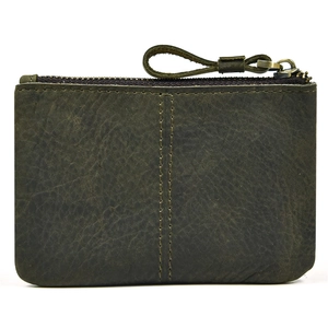 Close-up of olive green crazy horse leather coin purse with vintage texture and zipper