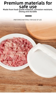 Macro detail of food-grade burger patty press showing handle and base on wooden board
