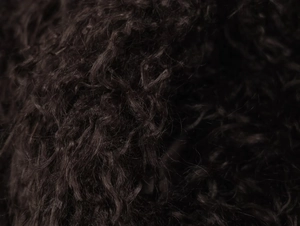 Macro shot showing the soft texture and dense fibers of a dark brown faux fur jacket