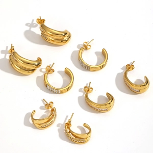 Luxurious 18k gold plated C-shaped stainless steel earrings set with zircon stones