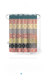 Size chart showing width and weight specifications for geometric fabric shower curtains