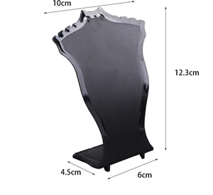 Detail view of black matte necklace display stand with precise height and width dimensions
