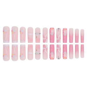 24-piece long coffin press-on nails with pink glitter, snowflakes, and 3D rhinestones
