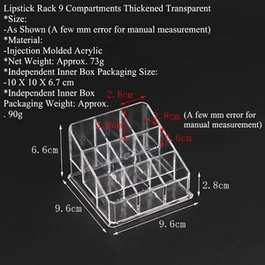 Detailed view of 9-grid acrylic lipstick holder with dimensions 9.6x9.6x6.6 cm
