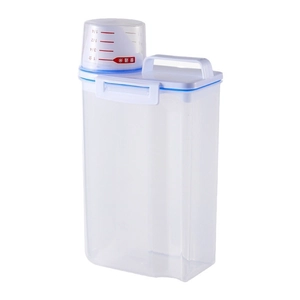 Japanese clear plastic cereal storage container with blue seal and measuring cup lid
