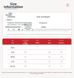 Detailed size chart for brushed athletic yoga bra showing measurements and fabric specs