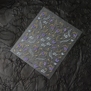 Detail of Co-467 nail stickers with purple butterflies, gold vines and white pearls