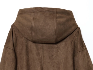 Detail view of the hood and back shoulder structure on a dark brown suede bomber jacket