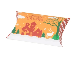 Close-up of orange Christmas pillow candy box with Merry Christmas print and reindeer