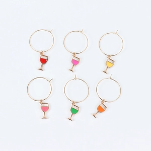 Set of six colorful wine glass charm rings with vibrant enamel pendants for party glass marking