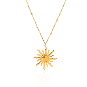 Irregular sun pendant necklace in golden stainless steel with clear reflection on white