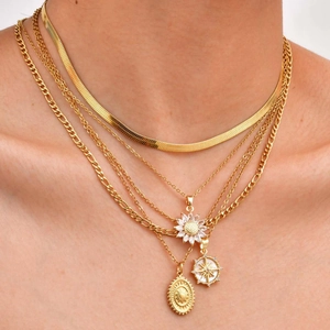 Layered 18K gold-plated titanium necklace with sunflower, sunburst, and coin pendants
