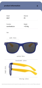 Detailed dimension chart showing size parameters of lightweight colorful kids sunglasses