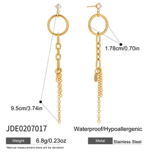 Detail showing the dimensions and stainless steel material of the long tassel drop earrings