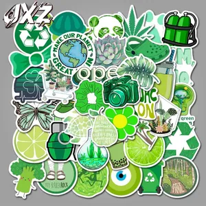Detail showing various green eco-friendly stickers including panda, cactus and recycling icons