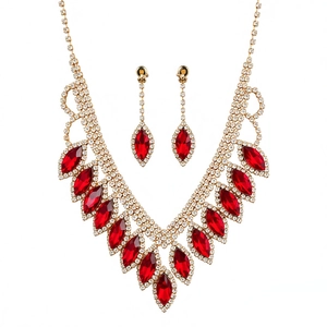 Luxury red rhinestone teardrop fringe jewelry set with necklace and drop earrings
