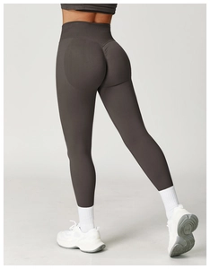 Rear view of high waist scrunch butt seamless yoga leggings in dark charcoal grey